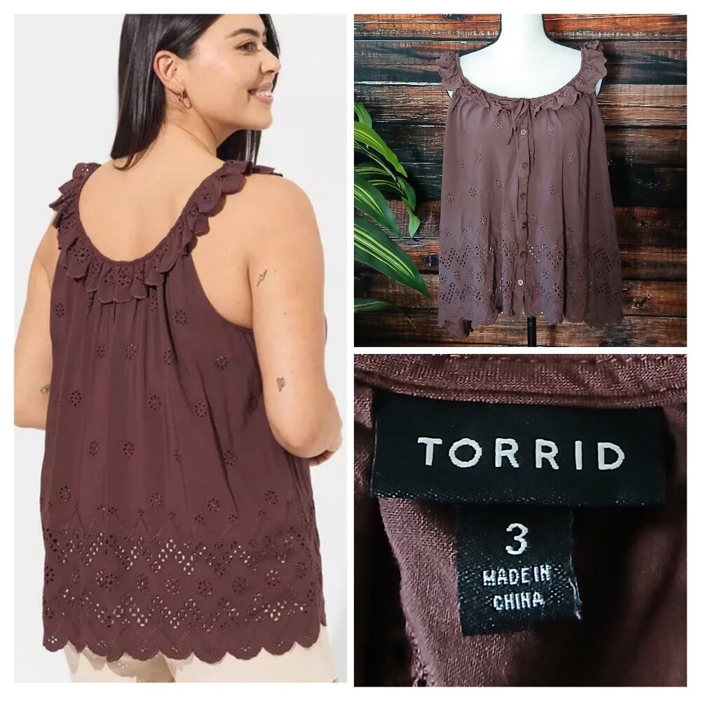 Torrid Top 3X 22 24 Brown Eyelet Ruffle Tank Flowy Rayon